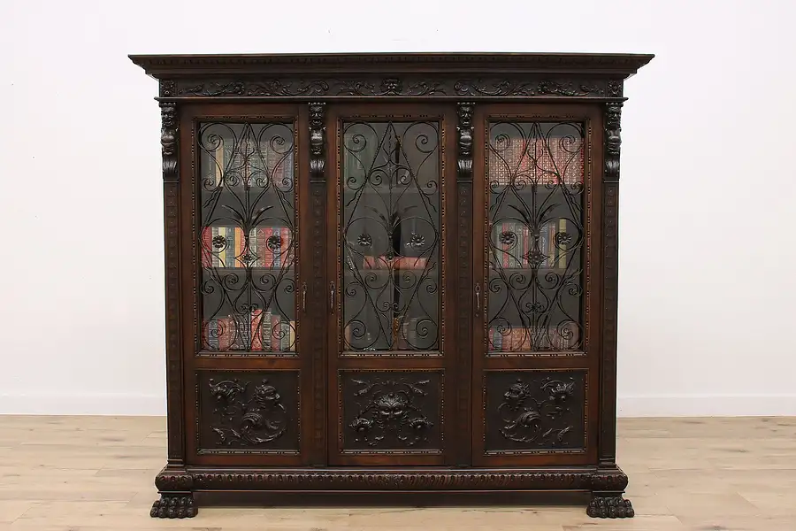 Main image of Renaissance Antique Italian Bookcase Wrought Iron Doors, Carved Figures