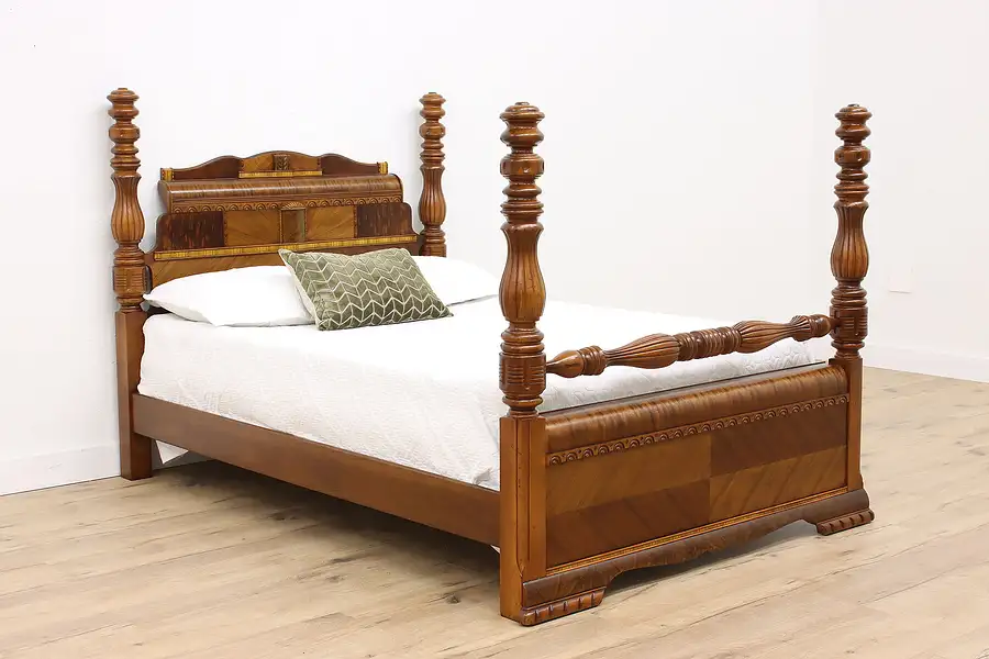 Main image of Art Deco Vintage Waterfall Full Size Bed, Carved Columns