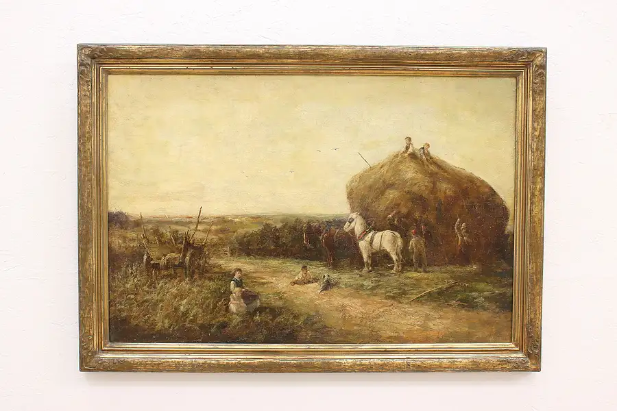 Main image of Twilight Harvest Children & Haystack Antique Original Oil Painting 44.5"