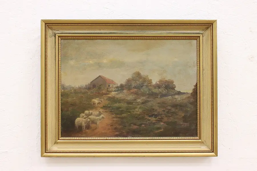 Main image of Sheep Grazing Along Path Antique Original Oil Painting, Signed 27.5"