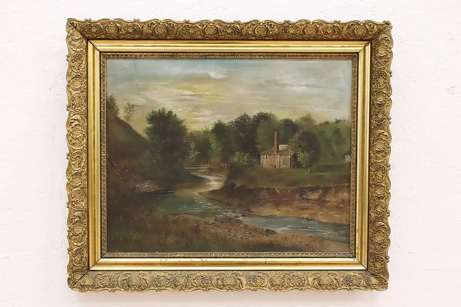 Main image of Ohio Sawmill, River Victorian Antique Original Oil Painting Stuckey 27.5"