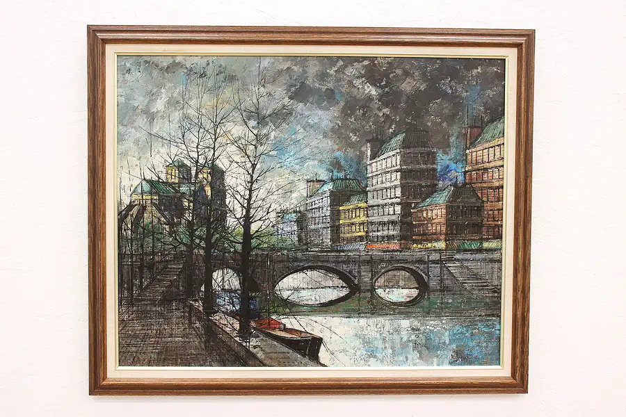 Main image of Paris Scene Bridge over Seine Vintage Original Oil Painting 41.5"