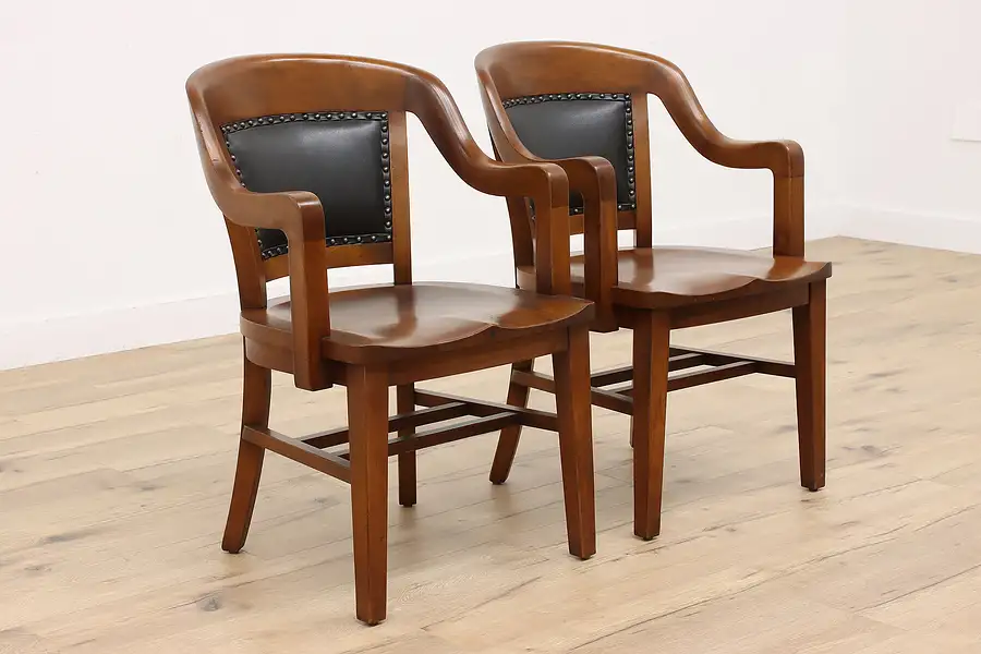 Main image of Pair of Antique Leather Back Walnut Banker, Office Desk Chairs, Milwaukee