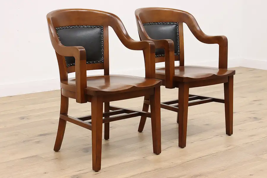 Main image of Pair of Antique Leather Back Walnut Banker, Office Desk Chairs, Milwaukee