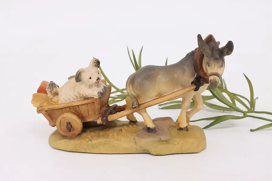 Main image of Hand Carved Vintage Painted Donkey Pulling Cart w/ Dog Alpine Sculpture