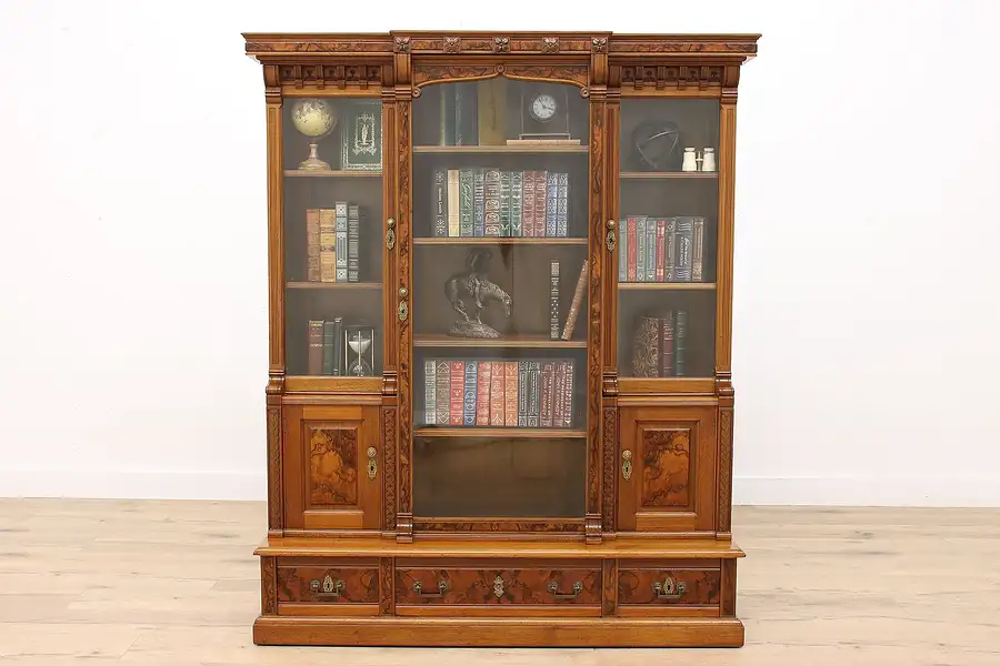 Main image of Victorian Eastlake Antique Carved Walnut Office or Library Bookcase