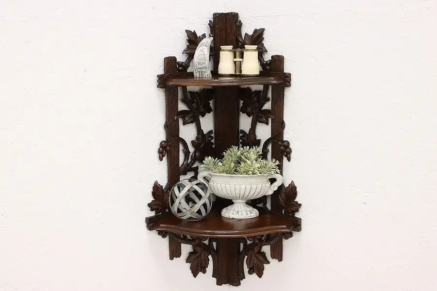 Main image of Black Forest Antique Walnut Corner Shelf, Hand Carved Grapevines