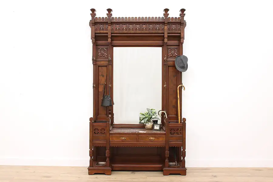 Main image of Victorian Eastlake Antique Carved Walnut Hall Stand, Marble, Bronze Mounts 42957