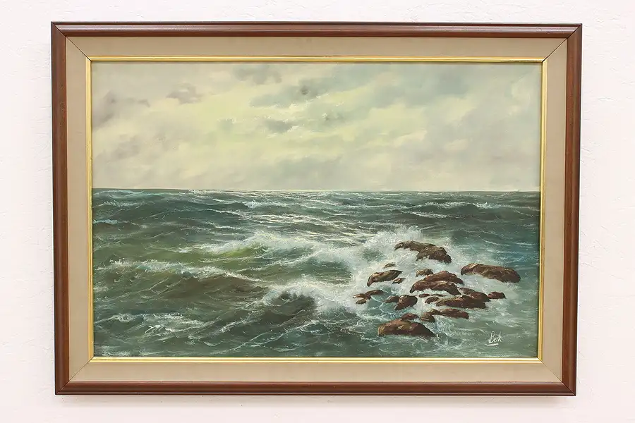 Main image of Ocean Waves Crashing Onto Rocks Vintage Original Oil Painting, Berk 41.5"