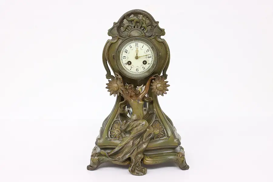 Main image of Art Nouveau Antique French Mantle Clock Hand Painted Dancer, Marti