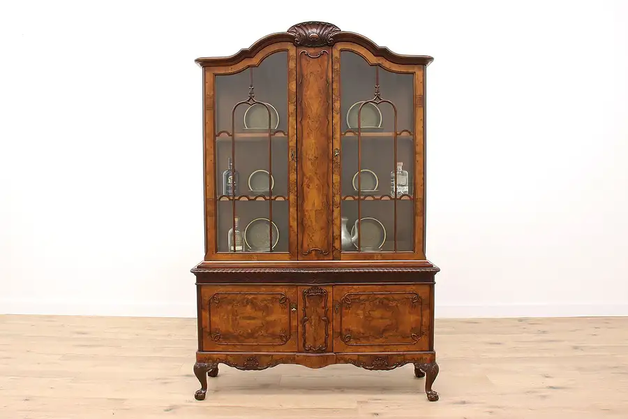 Main image of Georgian Design Vintage Walnut Burl China or Display Cabinet, Bookcase