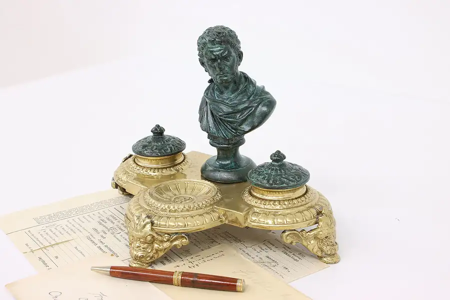 Main image of Classical Antique Brass Double Inkwell with Bronze Roman Emperor