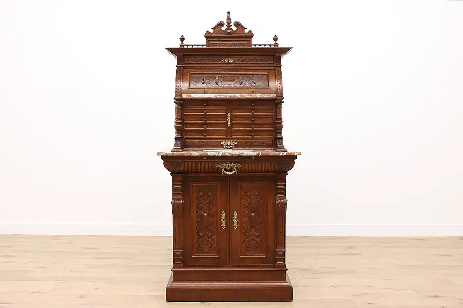 Main image of Renaissance Antique Carved Walnut Dental, Jewelry or Collector Cabinet