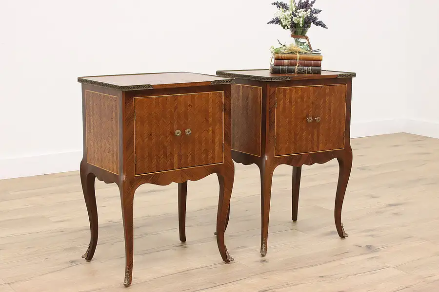 Main image of Pair of Antique French Marquetry Nightstands, End or Lamp Tables