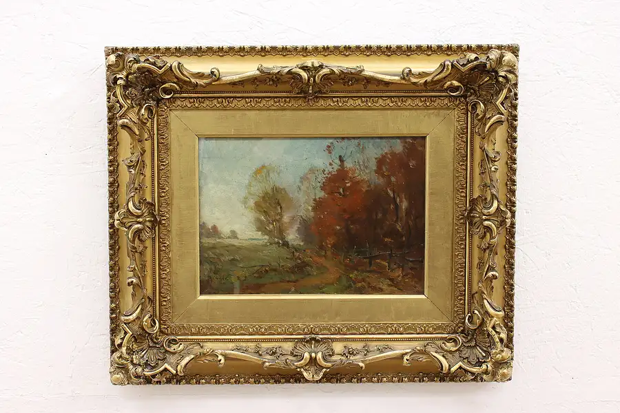 Main image of Red & Gold Autumn Forest Antique Original Oil Painting, Carter 24.5"