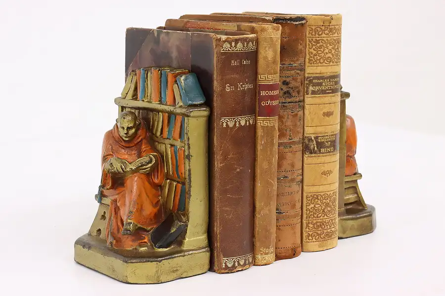 Main image of Pair of Antique Monk Reading Painted Brass Bookends