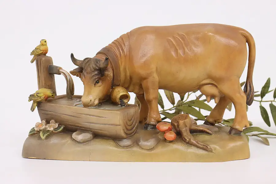 Main image of Hand Carved Vintage Painted Dairy Cow Drinking Alpine Sculpture