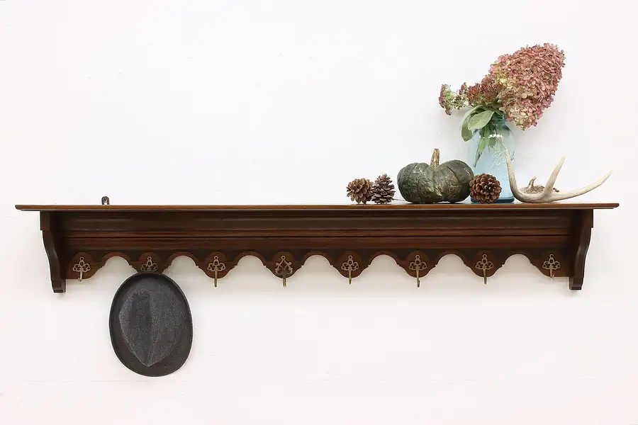 Main image of Victorian Antique Salvage Carved Oak Wall Shelf with Hat & Coat Rack