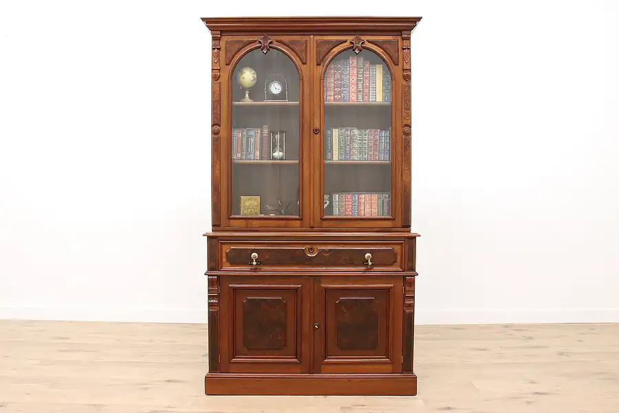 Main image of Victorian Antique Carved Walnut Burl Secretary Desk & Bookcase