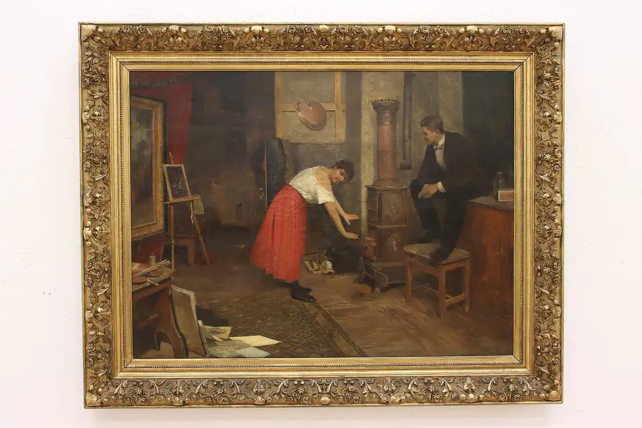 Main image of Couple in Art Studio Antique Original Oil Painting, Der Ohe 48.5"