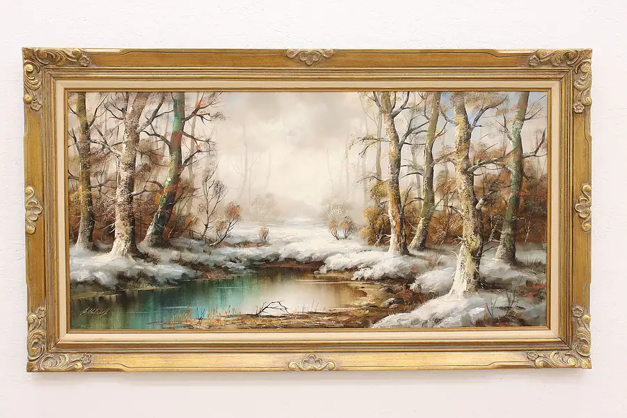 Main image of Winter Forest & Pond Landscape Vintage Original Oil Painting Signed 56.5"