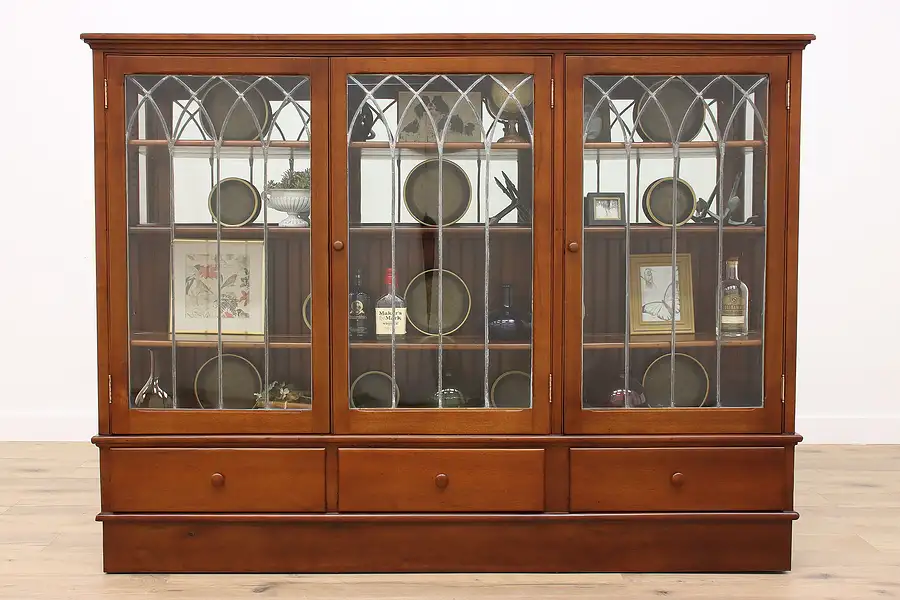 Main image of Arts & Crafts Vintage Walnut & Leaded Glass Display Cabinet or Bookcase