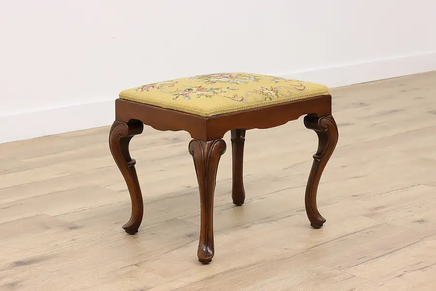 Main image of Georgian Vintage Carved Footstool, Ottoman or Bench, Floral Needlepoint