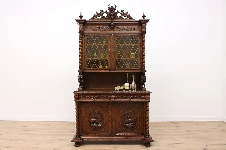 Main image of Black Forest Antique Carved Oak Bar, China, or Display Cabinet, Lions