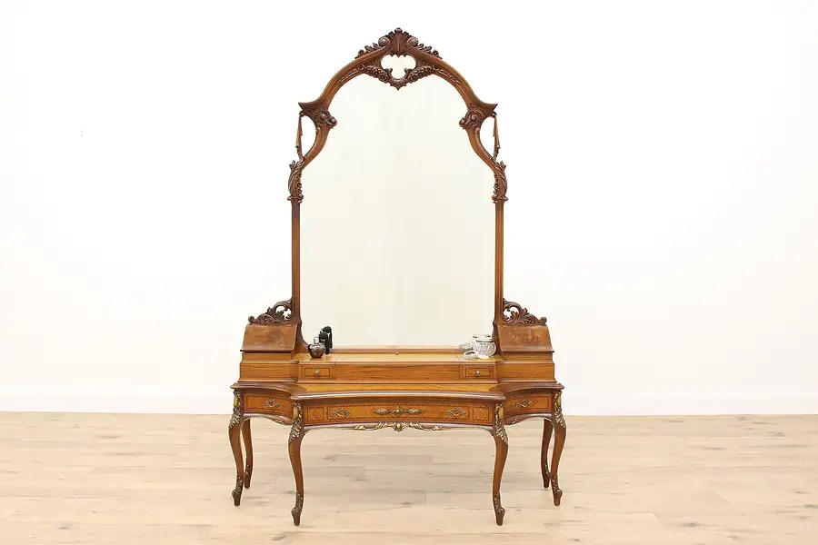 Main image of French Style Antique Carved Walnut & Satinwood Vanity, Mirror, Hallstand