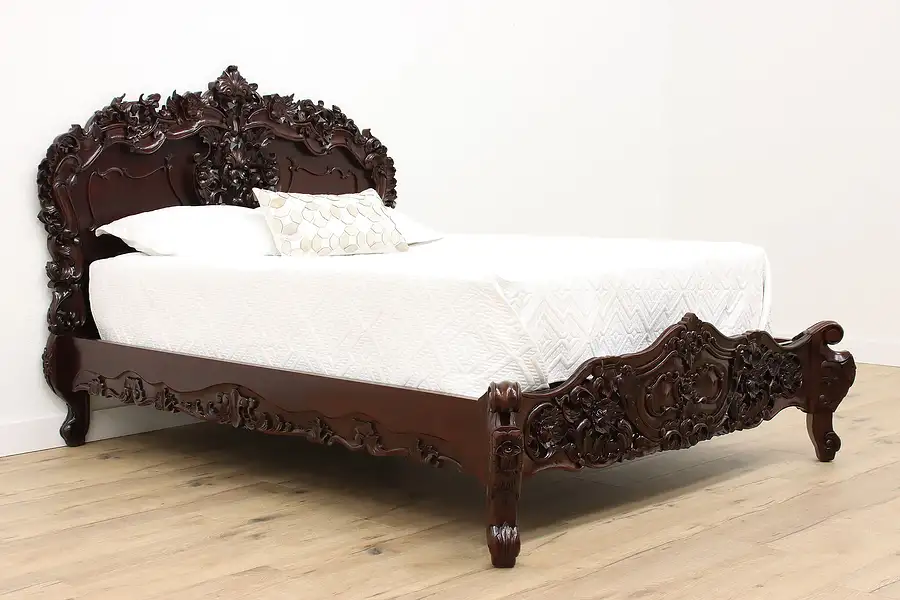 Main image of Asian Vintage Carved Mahogany Queen Size Bed, Floral Motifs