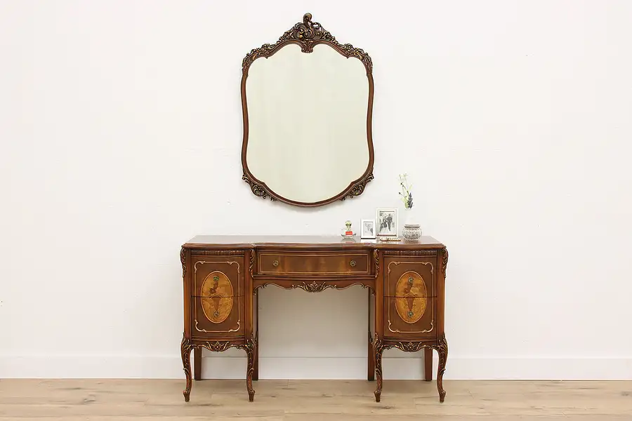 Main image of French Design Vintage Carved & Marquetry Vanity or Desk with Mirror