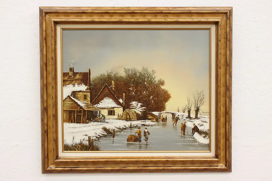 Main image of Ice Skaters on Frozen River Vintage Original Oil Painting, Smith 31.5"