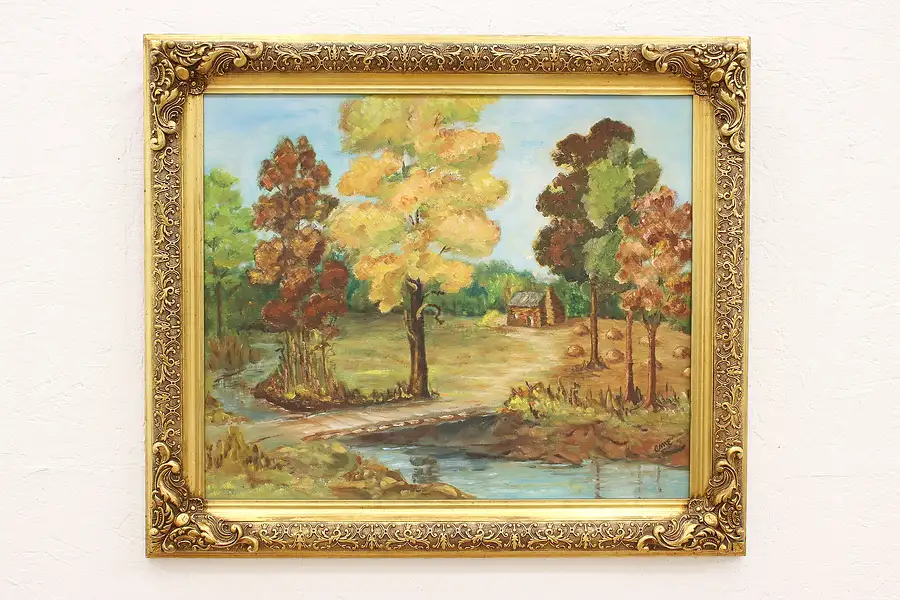 Main image of Cabin in an Autumn Forest Vintage Original Oil Painting, Signed 29.5"