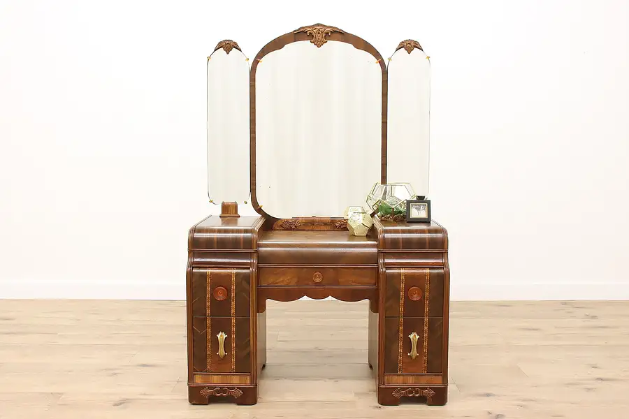 Main image of Art Deco Vintage Waterfall Vanity Dressing Table, Triple Mirror, Bakelite