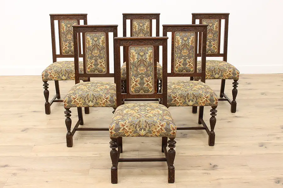 Main image of Set of 6 Tudor Antique Quarter Sawn Oak Dining Chairs, New Upholstery