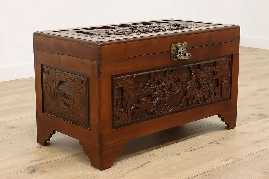 Main image of Chinese Vintage Carved Mahogany Blanket Chest or Trunk, Padlock