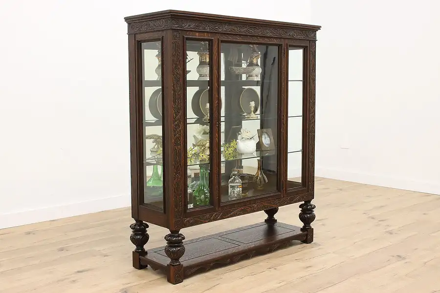 Main image of Tudor Antique Carved Oak China or Display Cabinet, Wavy Glass