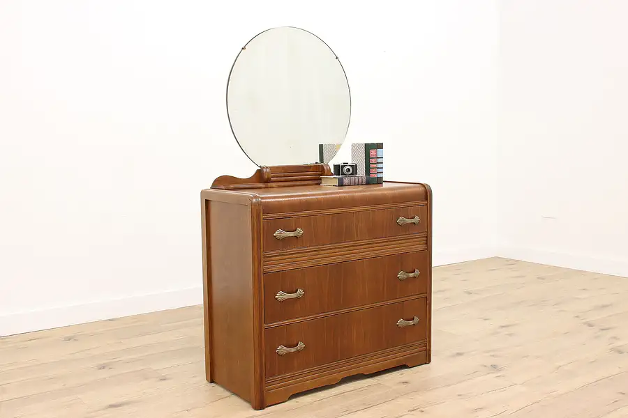 Main image of Art Deco Waterfall Vintage Walnut Chest or Dresser & Mirror