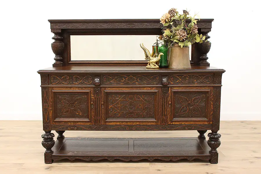 Main image of Tudor Antique Carved Oak Sideboard, Server, Bar or Buffet, Mirror