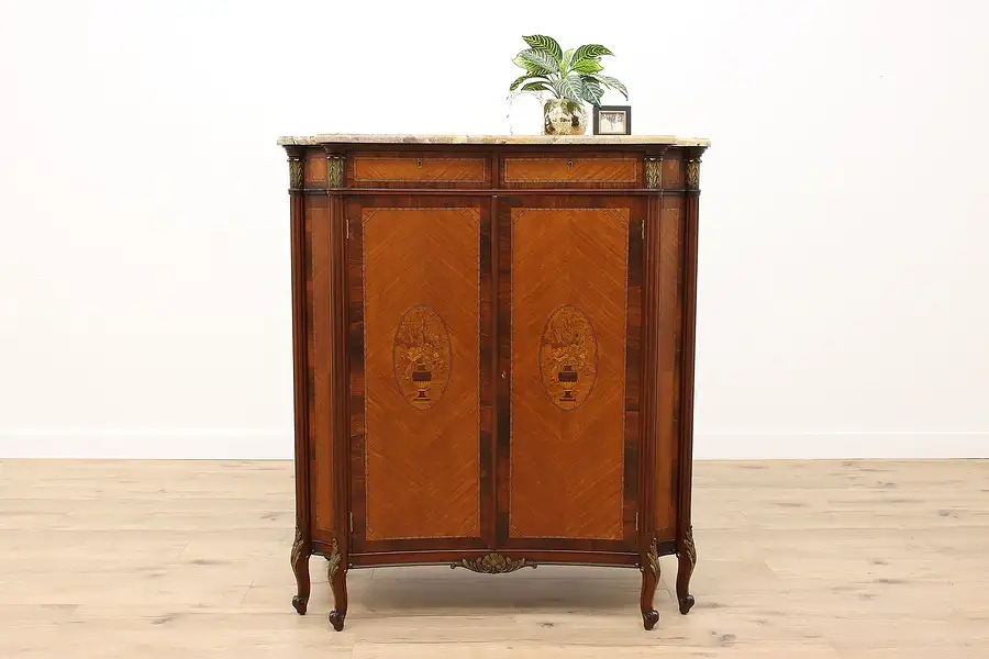 Main image of French Antique Rosewood & Marquetry Wardrobe or Closet, Marble Top