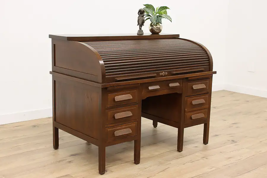 Main image of Traditional Antique Oak C Shape Roll Top Office or Library Desk