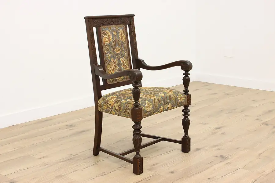 Main image of Tudor Antique Quarter Sawn Oak Dining Chair, New Upholstery