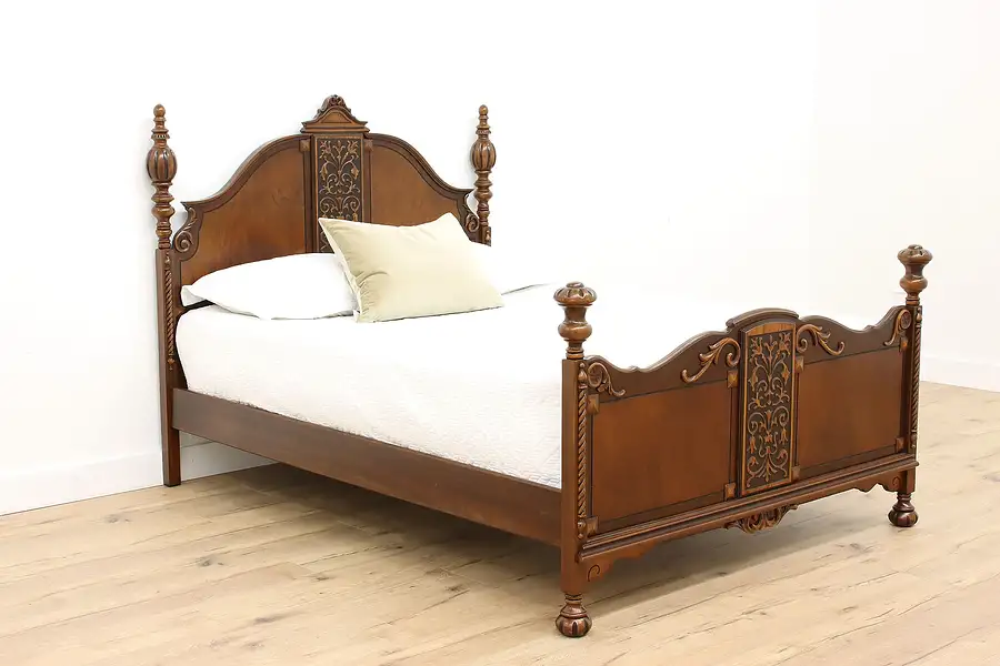 Main image of Tudor Design Antique Carved Walnut & Birdseye Maple Full Size Bed