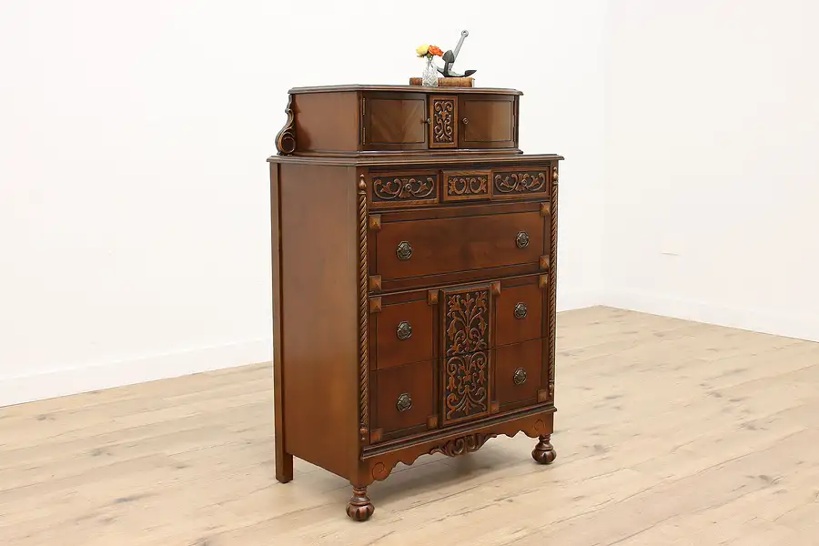 Main image of Tudor Design Antique Carved Walnut & Birdseye Maple Tall Chest or Dresser