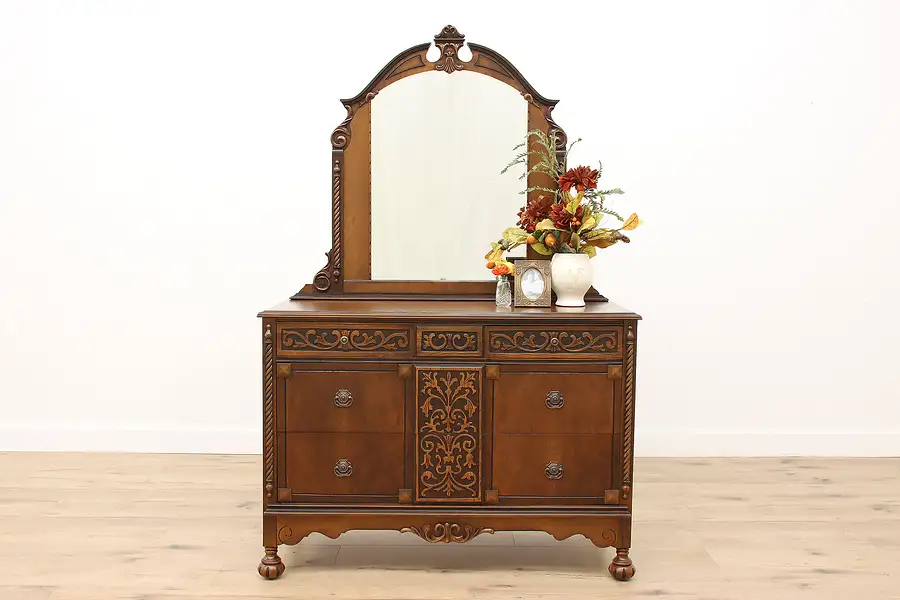 Main image of Tudor Design Antique Carved Walnut Dresser or Low Chest with Mirror