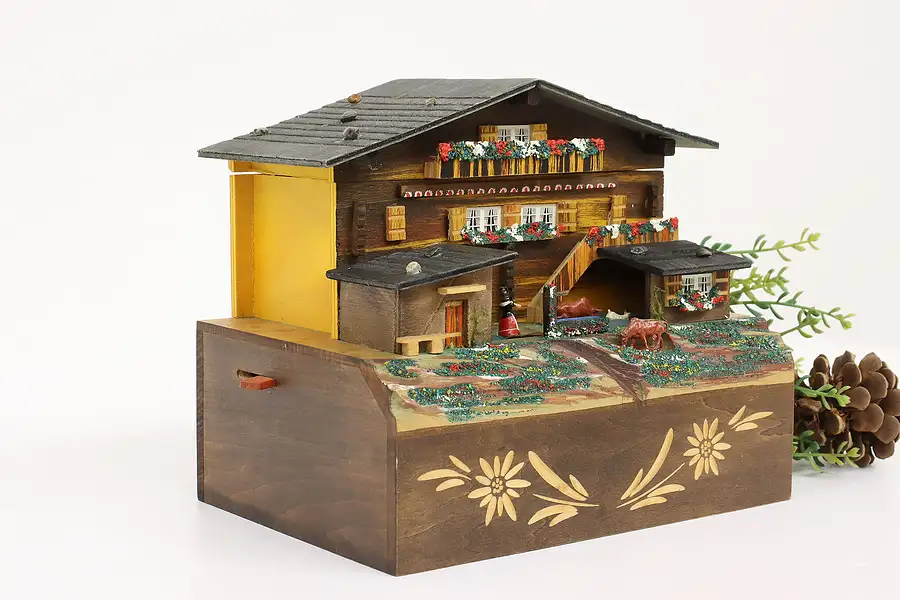 Main image of Swiss Folk Art Vintage Mechanical Music & Jewelry Box, Farmhouse & Yard