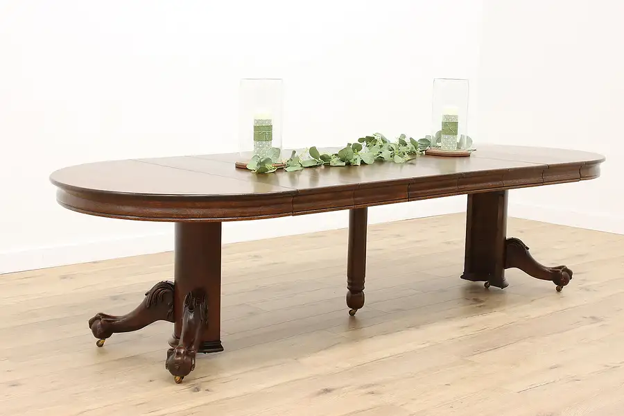 Main image of Victorian Antique Round Oak 48" Dining Table, 6 Leaves, Ball & Claw Feet