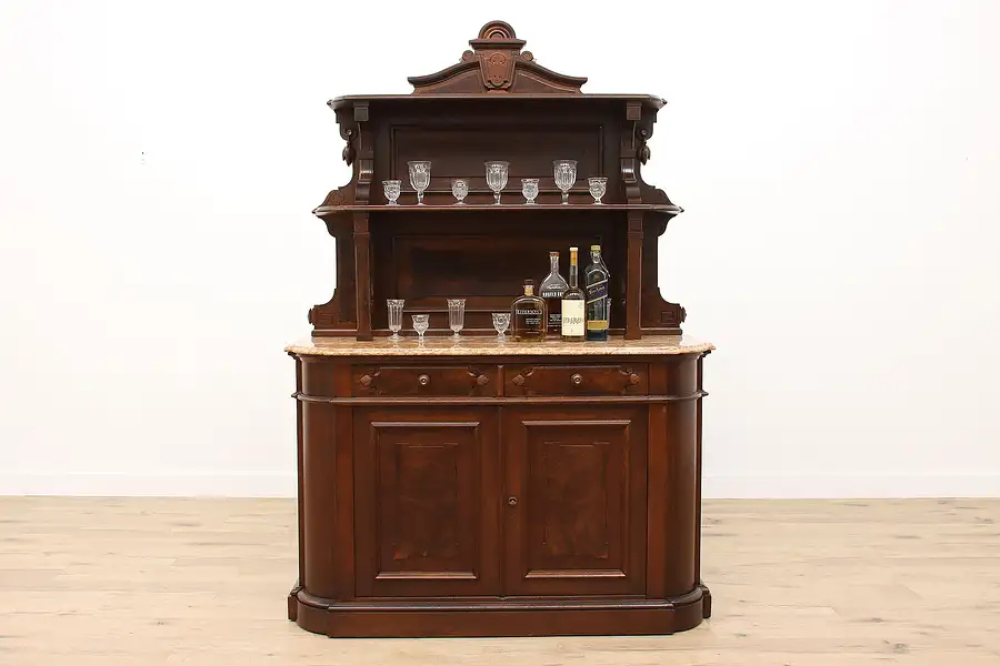 Main image of Victorian Eastlake Antique Walnut Sideboard, Bar Cabinet, Marble Top