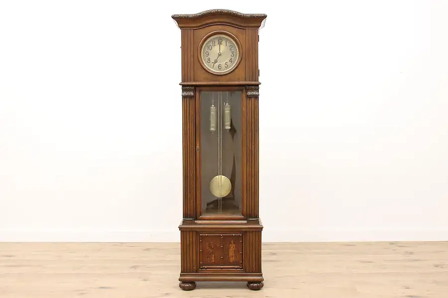 Main image of Grandfather Tall Case Antique German Oak Clock, Painted Figures