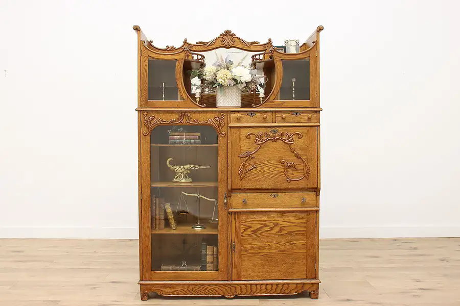 Main image of Victorian Antique Oak Side by Side Secretary Desk & Bookcase